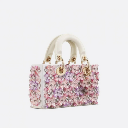 Tas Lady Dj Micro – Witte Kalfsleer met Roze Bloemenborduursel & Strass