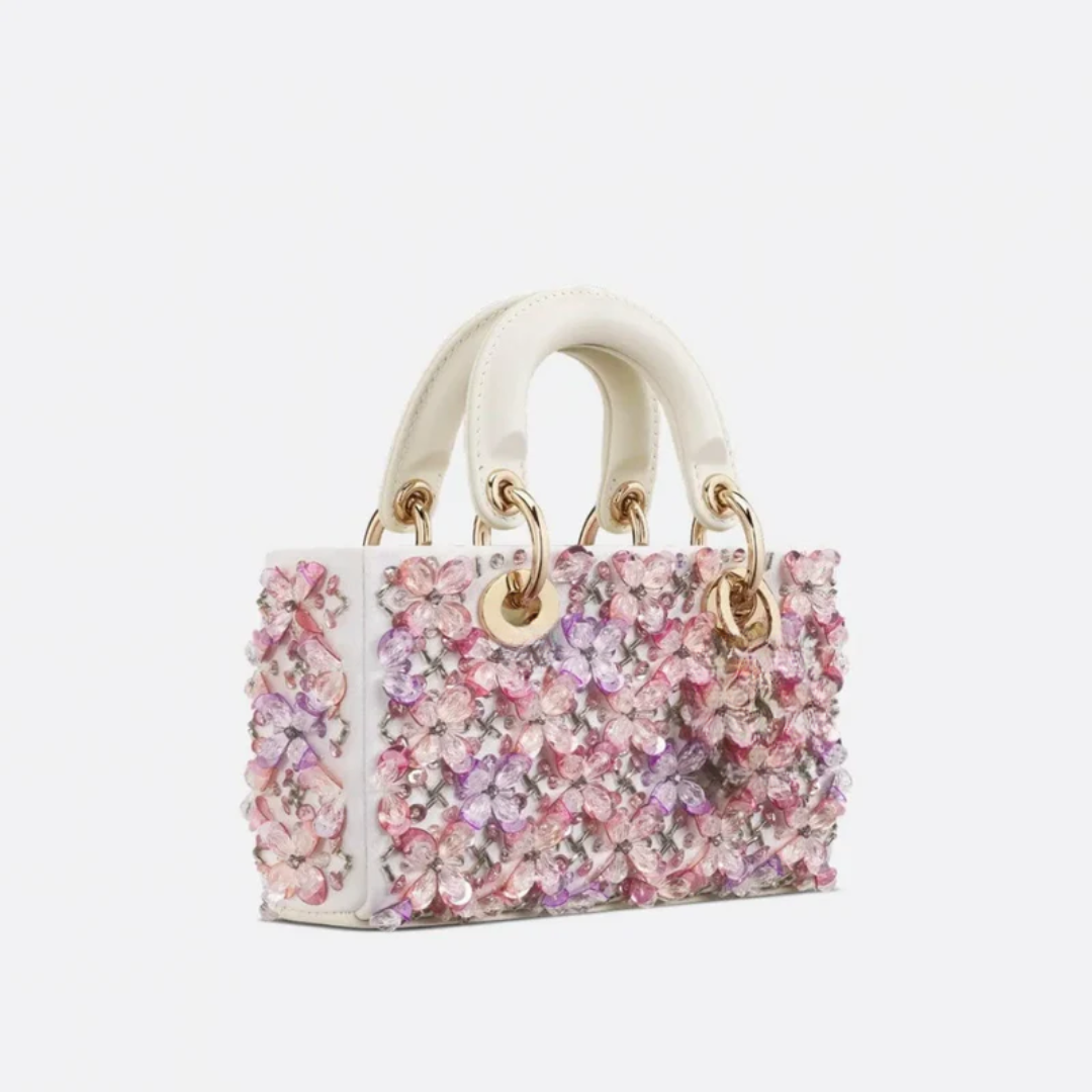 Tas Lady Dj Micro – Witte Kalfsleer met Roze Bloemenborduursel & Strass
