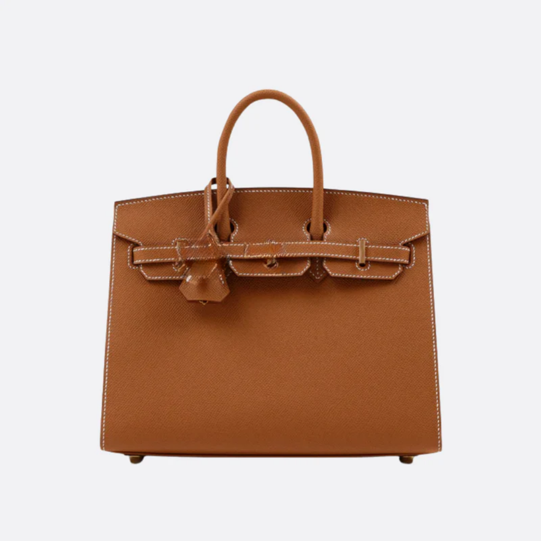 Tas 25 Brk HSS Cr / GryTr in Tg Leer met Geborsteld Gouden Hardware